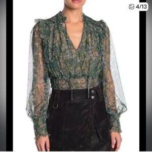 Free People Twyla Print Green Floral Cropped Long Sleeve Blouse, size S